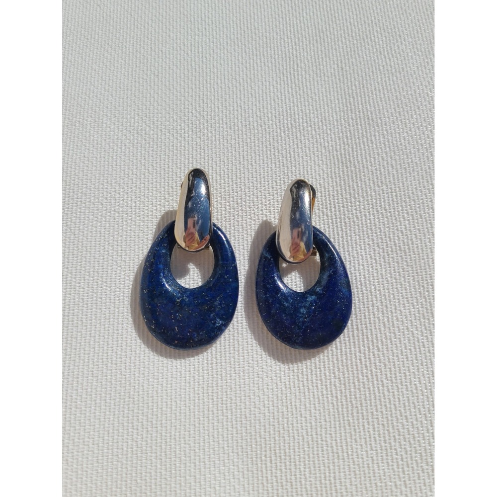 Silver Tone Drop Vintage Lapis Earrings